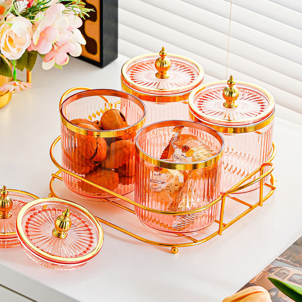 Toples Kue/Snack Akrilik Premium Set Transparan Emas Dengan Rak Besi Dan Tutup Kedap Udara - TBD021