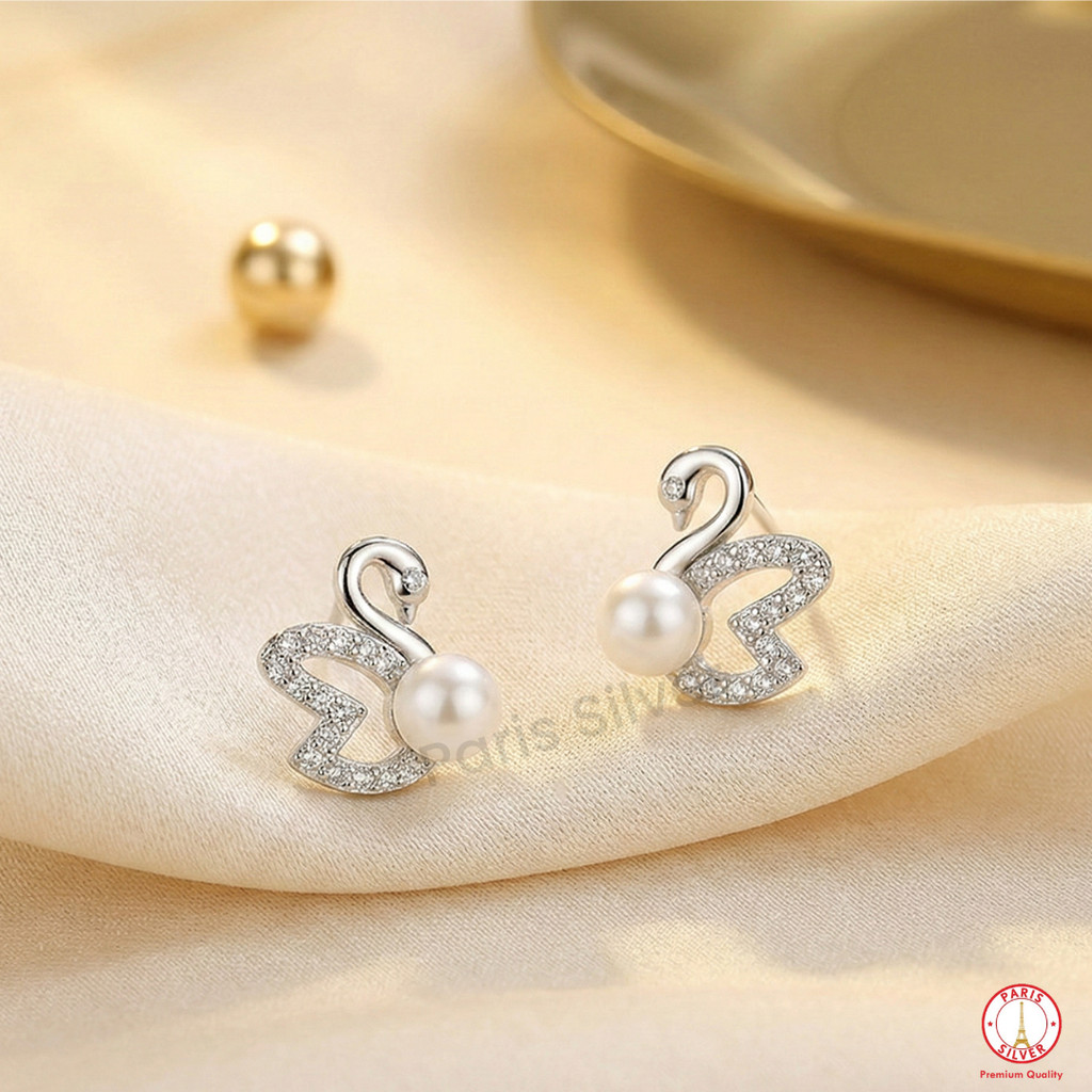 Anting Perak Asli 925 Angsa Swan Mutiara Wanita Silver Lapis Emas Putih Anti Alergi Minimalis Elegan
