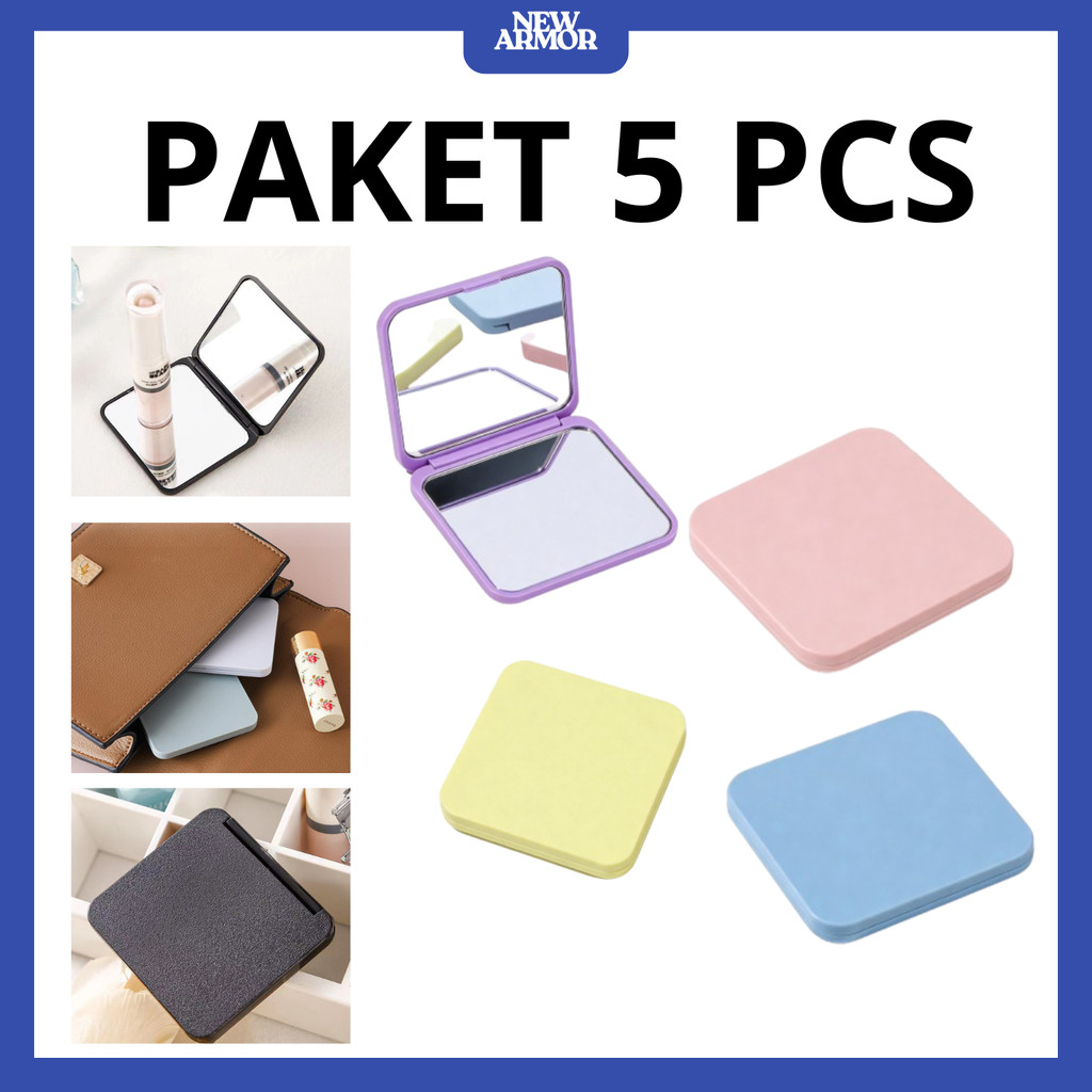PAKET 5 PCS Compact Mirror Lipat Double Sided Kaca Mini Make Up Desain Simple Polos Portable Tidak M