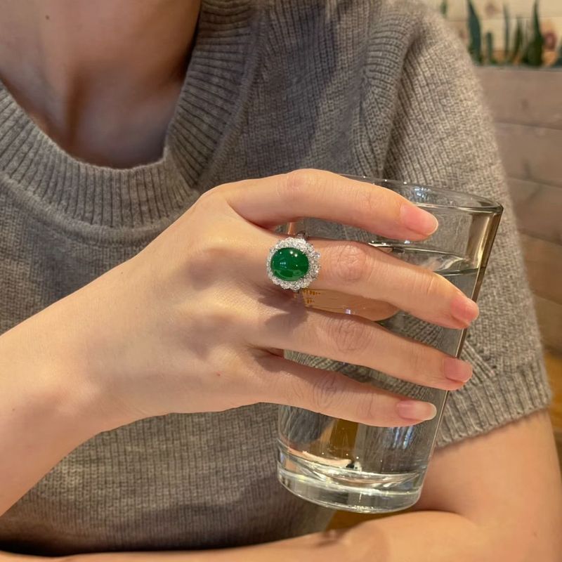 The new emerald green ring is set with green jade