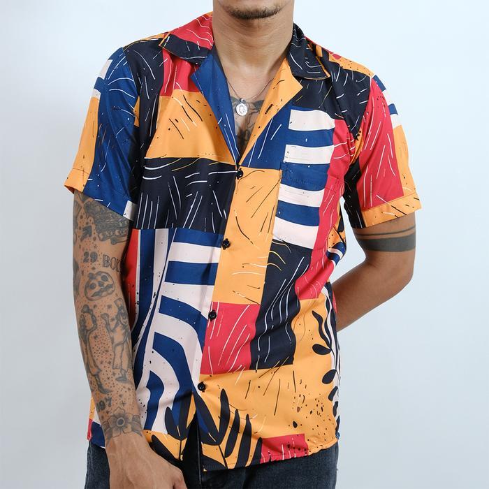 GOKS Baju Shirt Kemeja Motif Pria Wanita Unik Bermotif Kekinian Oversize Jumbo 291 ABSTRAK KUNING - 