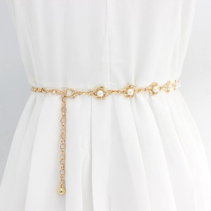 Winkel On Street  -  BGS-142 Rantai Pinggang logam Belt Rantai Motif Bunga Mutiara Branded Fashion G