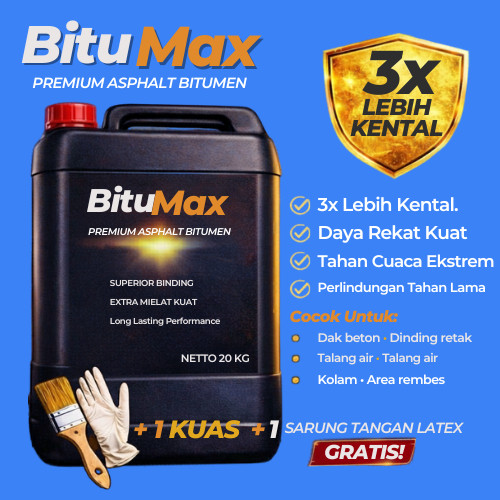 BITU MAX Aspal Cair 20kg Waterproofing Kamar Mandi Lantai Rembes Lebih Kental Free Kuas & Sarung Tan