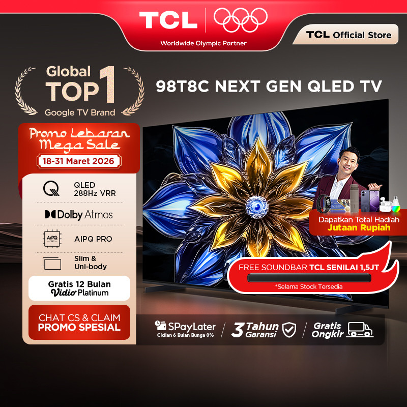 TCL Next Gen QLED 98 Inch T8C - 4K Google TV - HVA Screen - HDR10+ - Dolby Vision & Atmos - 288Hz VR