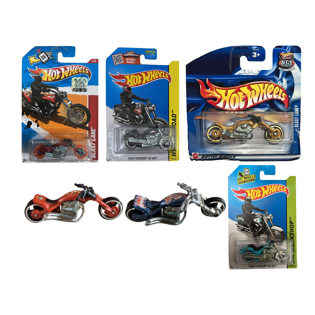 Hotwheels Regular Motorcycle Harley Davidson Fat Boy, Loose, Blue, Red, Black, Gold Fire Factory Sea