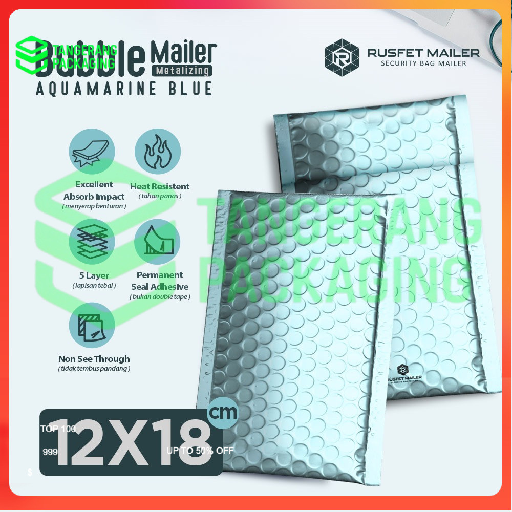 Bubble Mailer Rusfet Premium Aquamarine Blue 12x18 Bubble Packing
