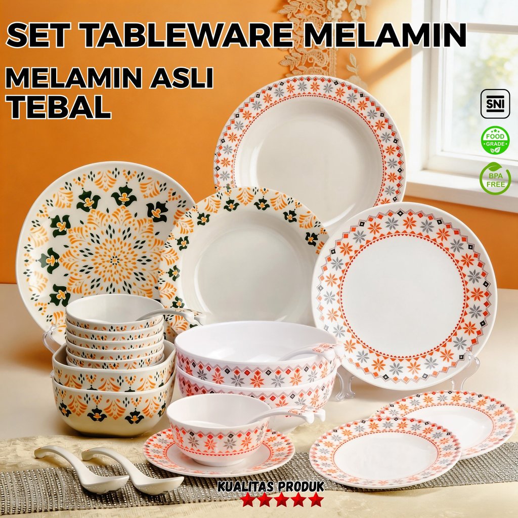 Set Piring Mangkuk Melamin Motif Bohemian Merah & Hijau | Piring Melamin Motif Tidak Pudar Tahan Pan