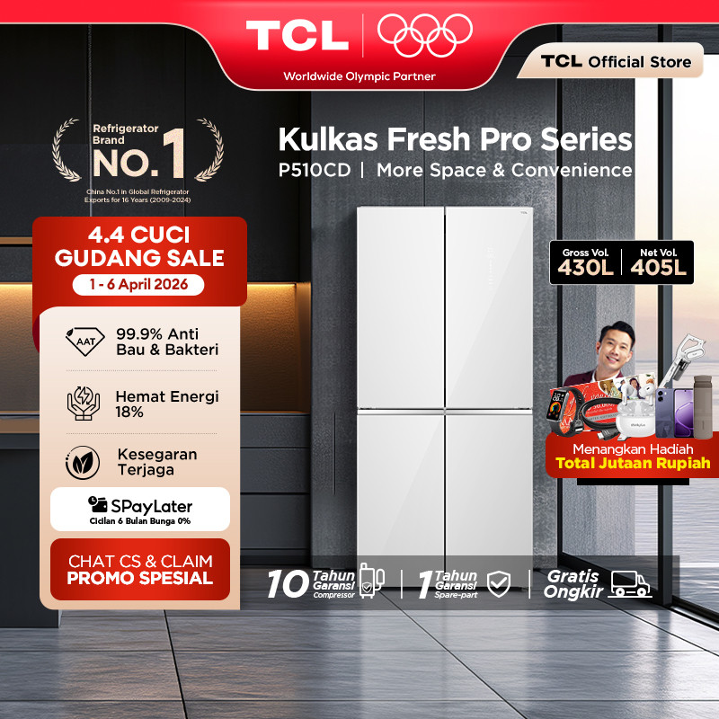 TCL Kulkas 4 Pintu - Kapasitas 430L - Big Capacity - Twin Eco Inverter - AAT Gen 2 Natural Eco Fresh