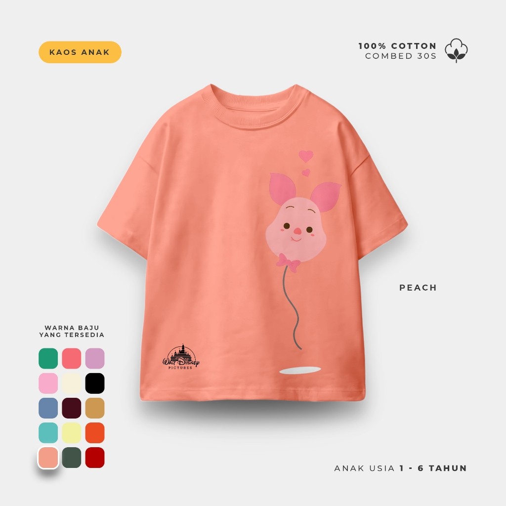 Kaos Anak Lengan Pendek Baju Anak Ula Kids Kaos Disney Karakter Piglet Baloon Usia 1 - 6 Tahun Hoodi