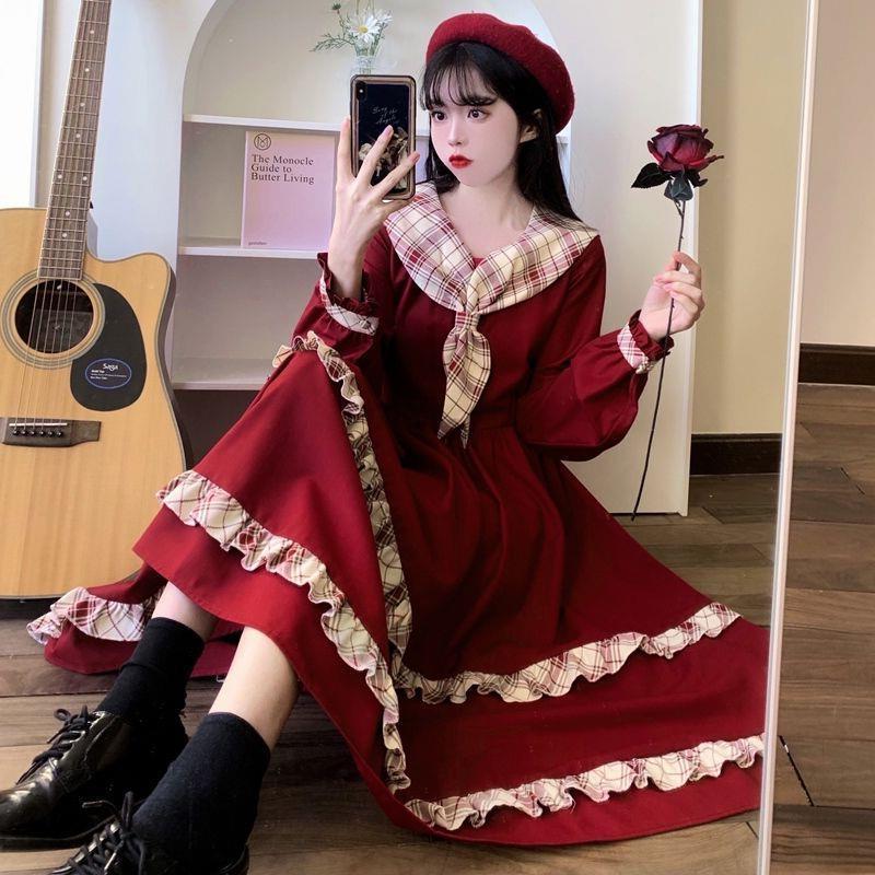 2023College Style Niche Wine Red Dress Japanese Sweet Girl Outfit Autumn Winter Age-Reducing Vintage