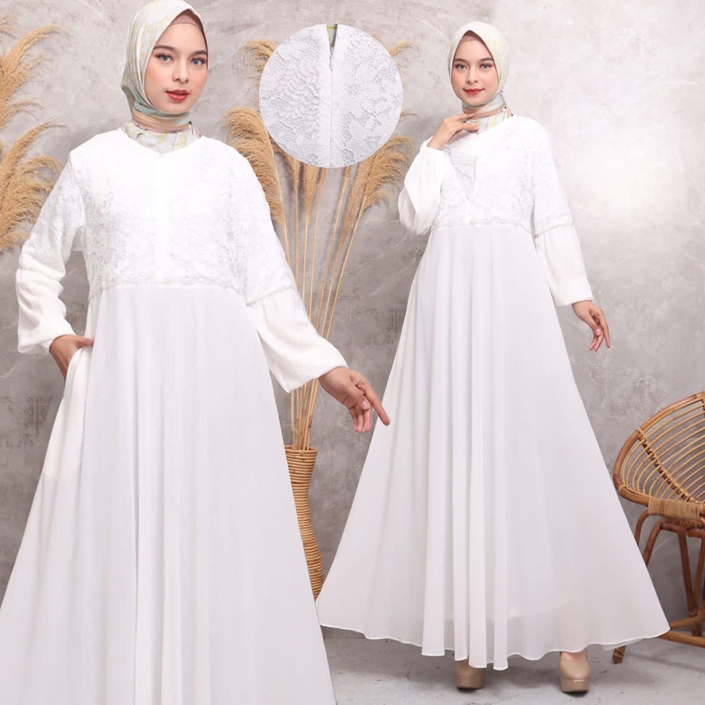 FICIEKUNZEX KKUM OFFICIAL Gamis Putih Baju Lebaran Umroh Haji Busana Muslim Hijab Dress Brukat AGNES