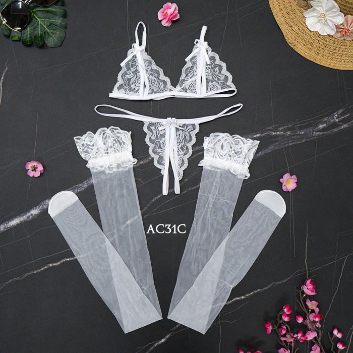 Bra Cd G String Underwear Wanita + Stocking Sexy Lace Putih AC31C