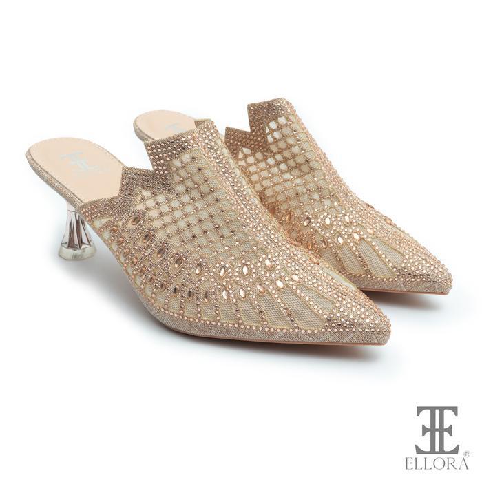 ELLORA EZ-7422 Sandal Heels Wanita Pesta Mules Import 7cm - Gold, 36
