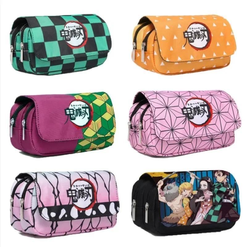 Anime Demon Slayer Pencil Case Student bilayer Storage Bag Tanjirou Nezuko Zenitsu Giyuu Cartoon Pen