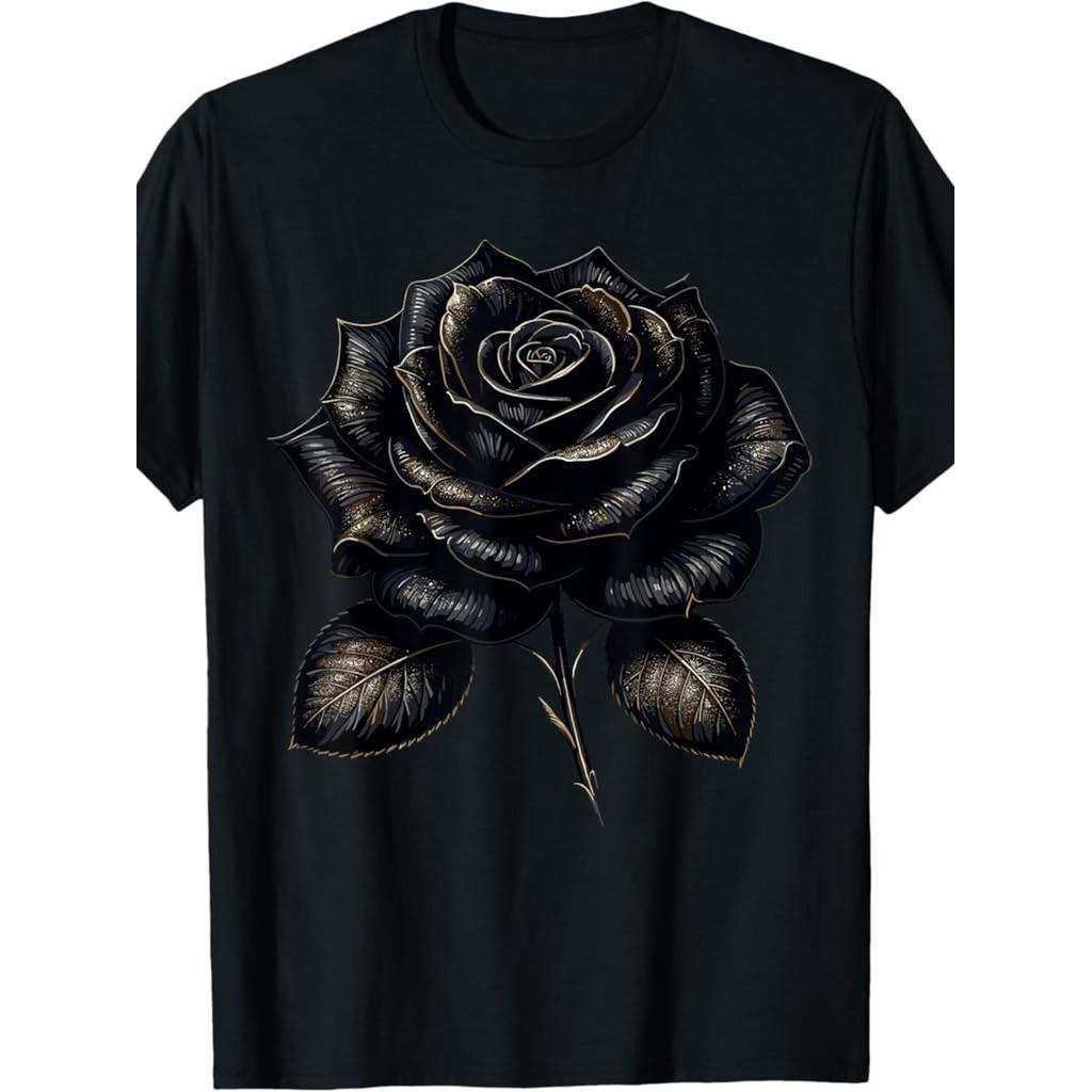 Kaos Pria Mawar Hitam Aksen Emas, Lengan Pendek O-Neck Santai, Buatan AS - Plus Size