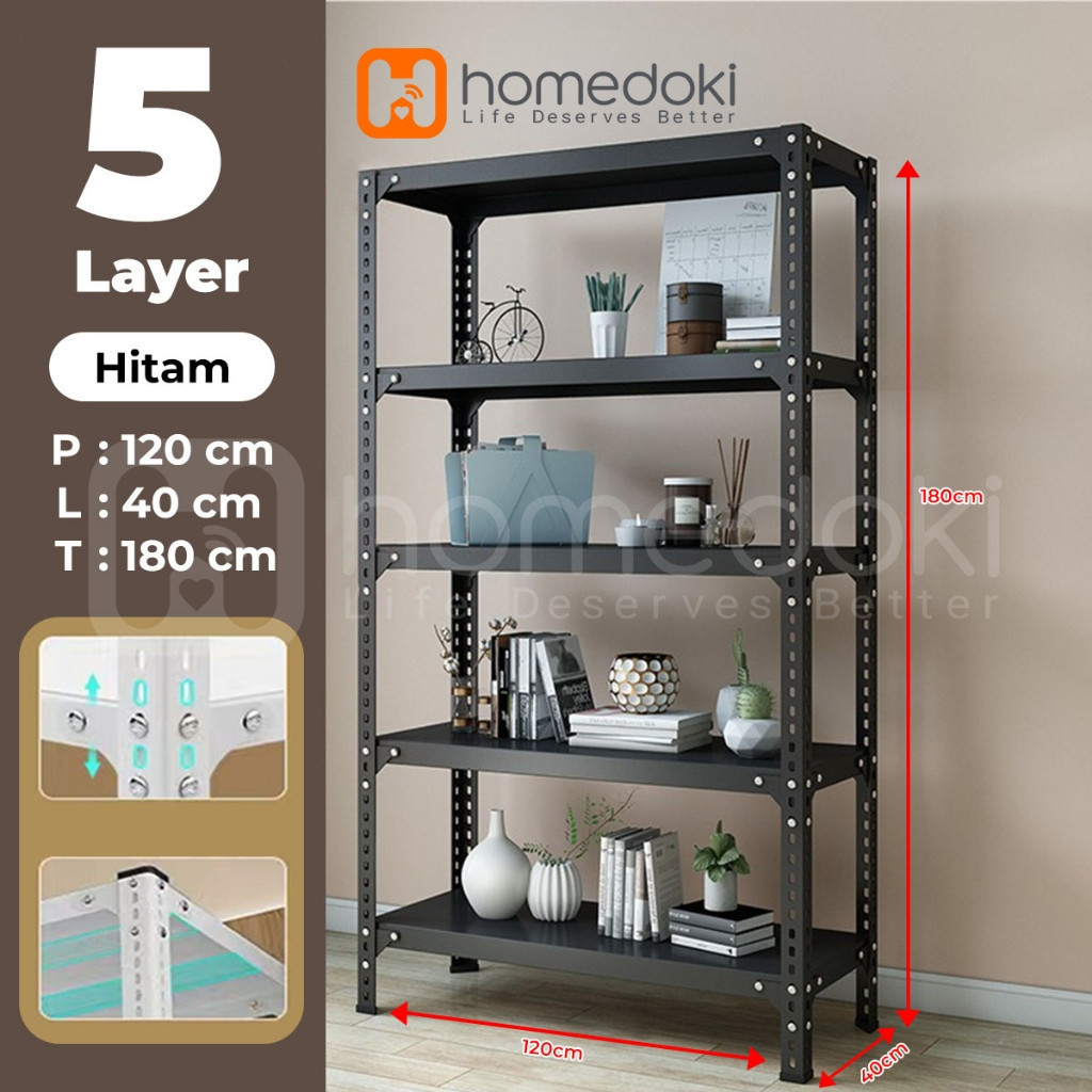 Homedoki Rak Susun Serbaguna/Rak Dapur Serbaguna/Rak Susun Besi/Rak Besi Siku 5 Susun/Rak Besi Susun