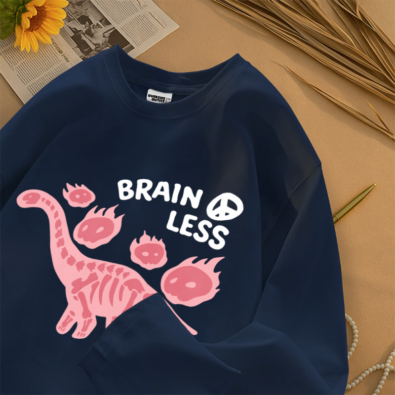 Hub Tshirt Kaos Lengan Panjang Kaos Oversize Unisex | Motif Dino Pink Brain Less | Korean Style Baha