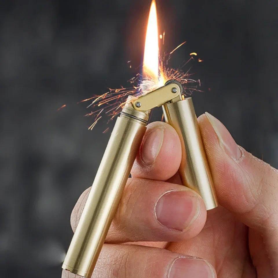 Retro Brass Kerosene Lighter Nunchaku Style Free Fire Grinding Wheel Flint Cigarette Lighter Gasolin