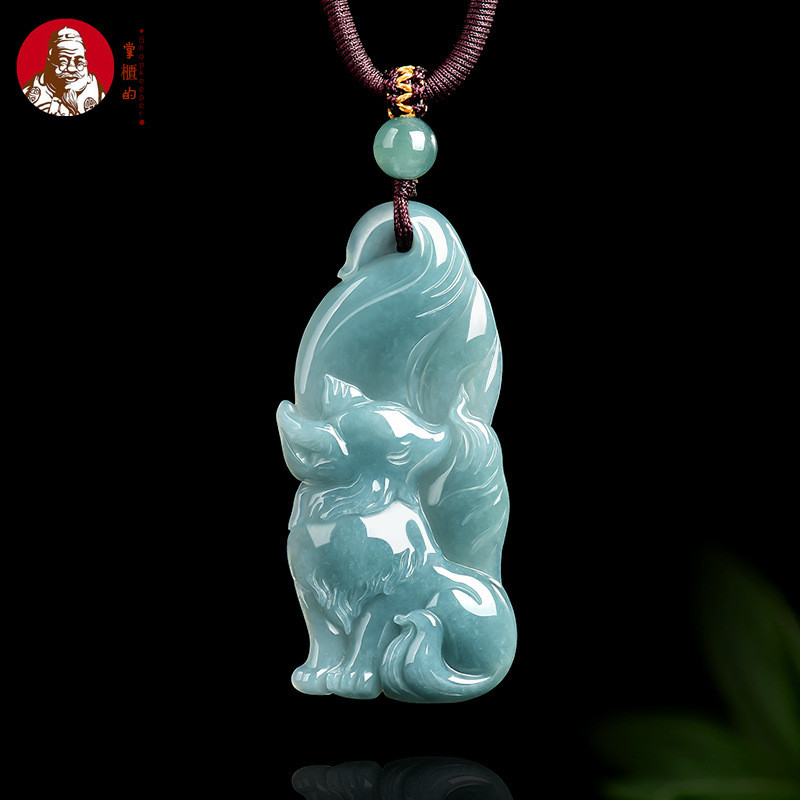 [Dengan sertiflkat  identiflkasi]Alami Giok, liontin rubah peri rubah air biru ekor sembilan, lionti