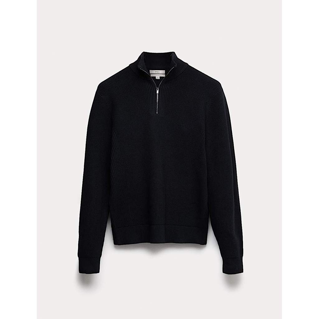 M&S - Sweater Pria - Cotton Blend Ribbed Half Zip Jumper