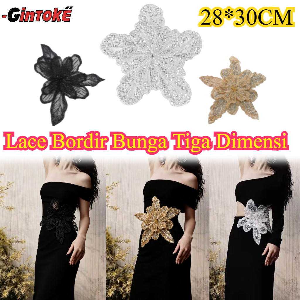 28*30CM Lace Bordir Bunga Tiga Dimensi/ 3layer Full Payet Wedding Lace/Renda Bordir 3D Bunga Premium