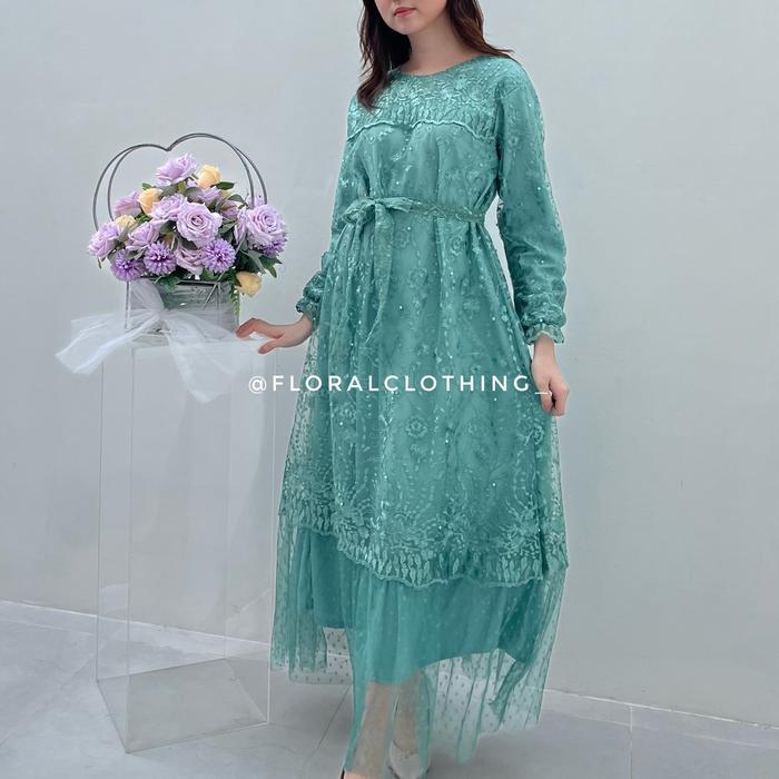 F159 dress gamis kondangan muslim mewah bahan brokat  korean look - Hijau mint