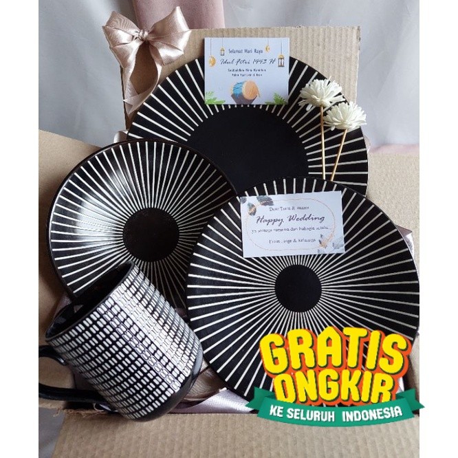 HAMPERS SET PIRING, MANGKOK DAN MUG KERAMIK [FREE GIFTCARD CUSTOM]/ Hitam Abu Putih Silver