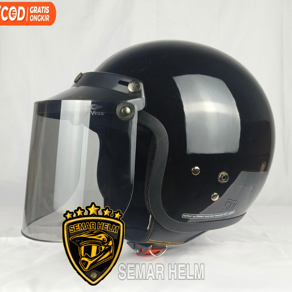 (LIS HITAM) HELM BOGO DEWASA WANITA PRIA FULL LEHER SNI - Helm bogo retro KACA DATAR HITAM Terlaris