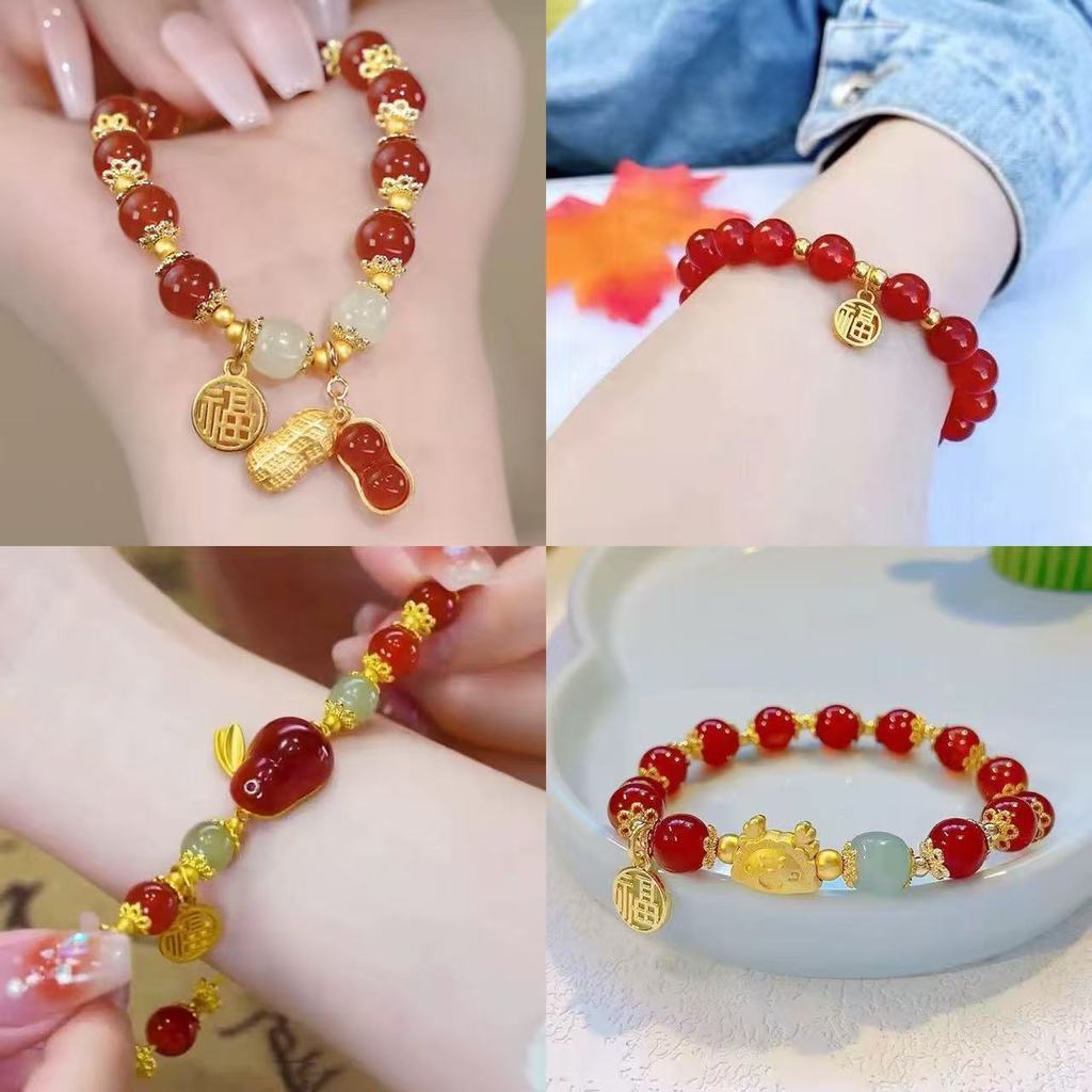 COD/Viral Gelang Manik Merah Cina Style Aesthetic Gelang Kristal Kelinci Giok Keberuntungan Bracelet