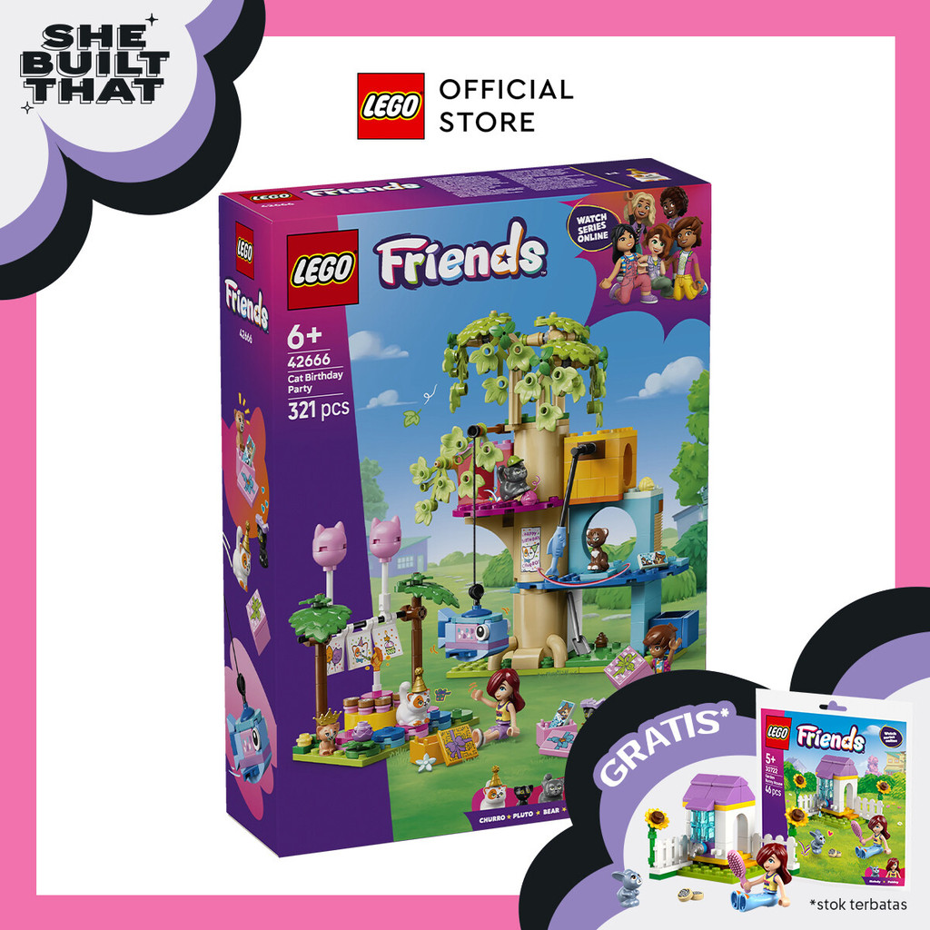 LEGO Friends 42666 Cat Birthday Party & Tree House (321 Pieces), Mainan Anak Perempuan, Building Blo