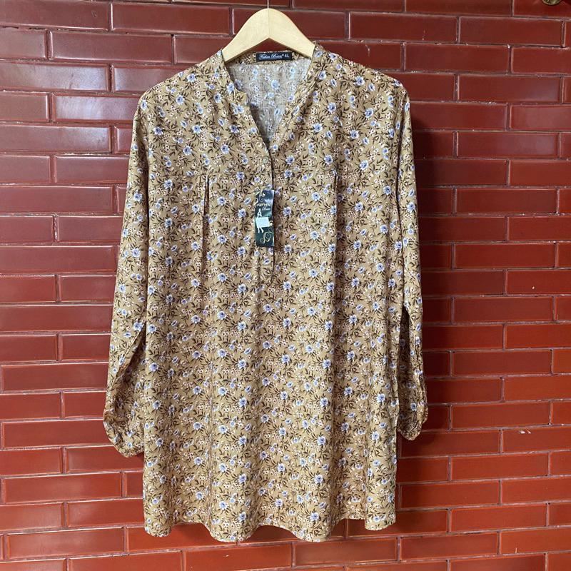 Atasan wanita Blouse kemeja kerah shanghai motif Bunga-bunga kembang lengan panjang bigsize Baju cew