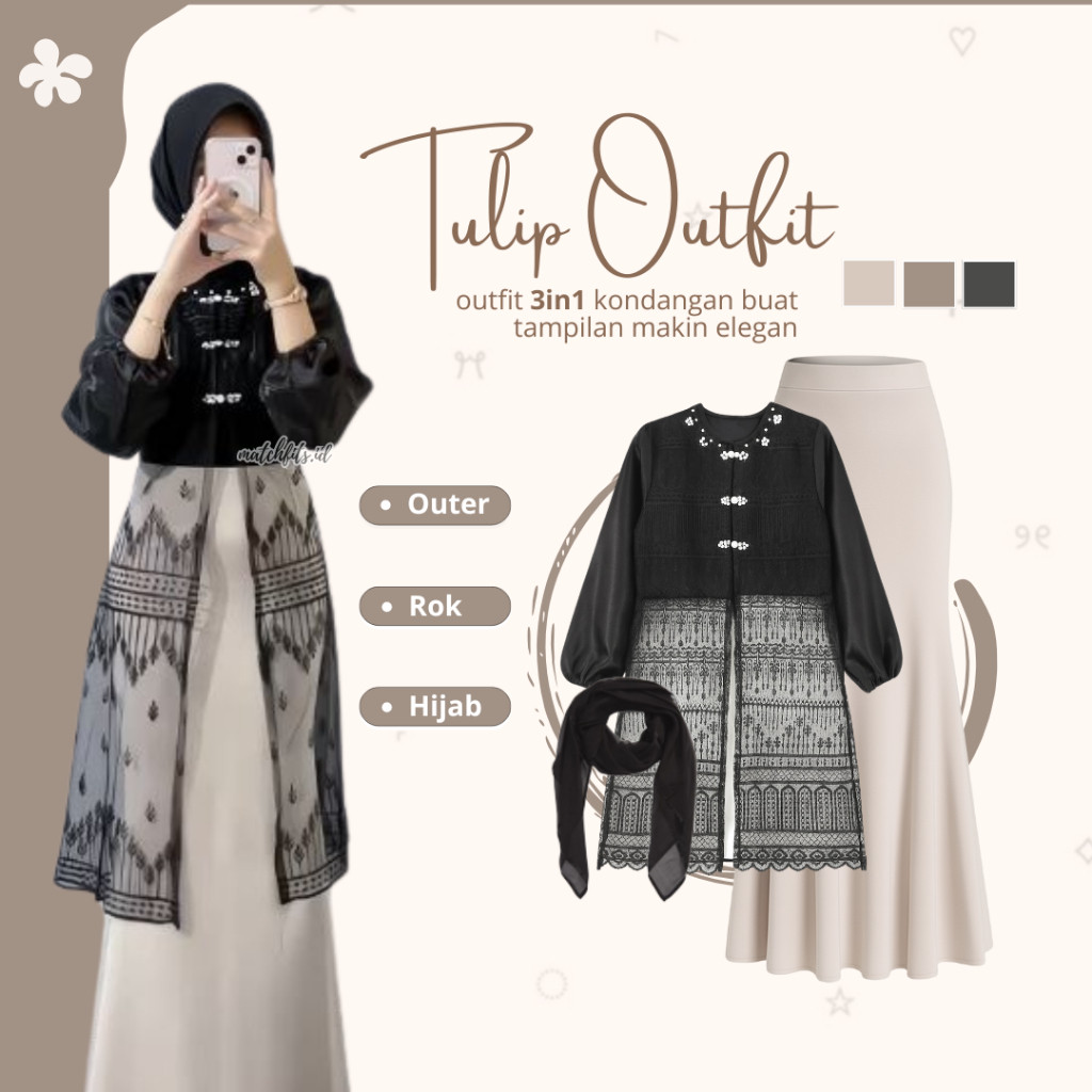 SETRAMALL    Setelan Outfit Kondangan Wanita [ Outer Brokat Tunik Brukat Tulip + Rok Duyung Scuba + 