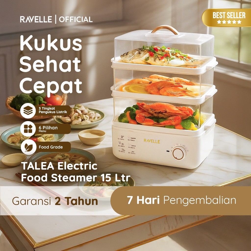 Ravelle - Electric Steamer 15 Liter Kukusan Listrik 3 Susun 800W Food Grade Clear PC Multifungsi