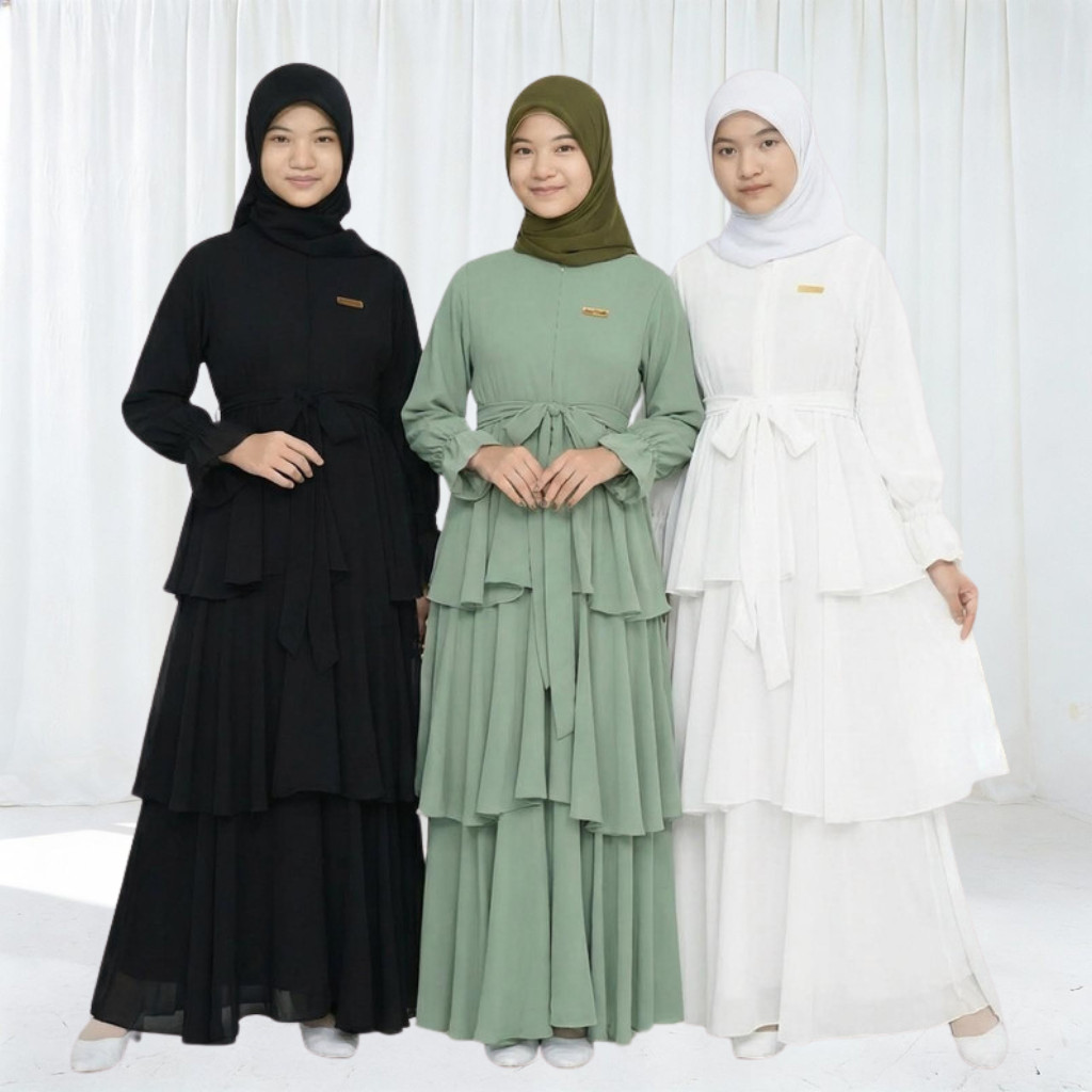 Dress 2026 Gamis Anak Perempuan Remaja Tanggung Susun 3 Long Dress Muslim Abaya Pesta Lebaran Anak