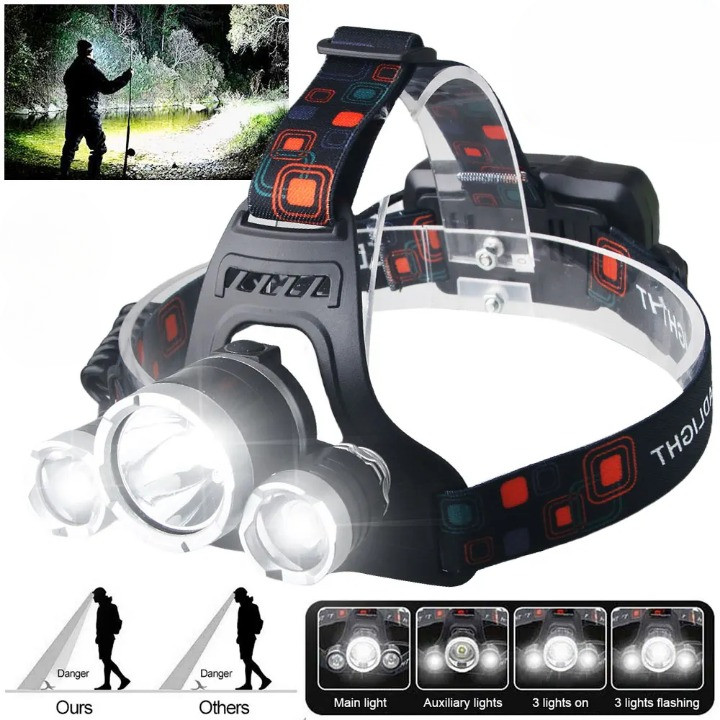 Headlamp 3 LED Cree XM-L T6 5000 Lumens Senter Kepala 2x18650 4 Mode Zoom 90 Derajat Waterproof Outd