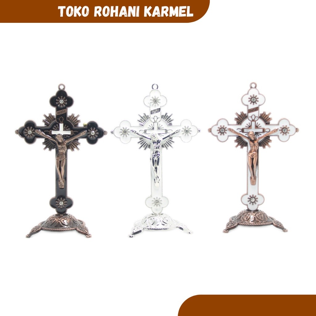 PROMO  SALIB DUDUK CAHAYA 13,5 CM / SALIB DUDUK KATOLIK / SALIB MEJA KATOLIK / SALIB DUDUK LOGAM