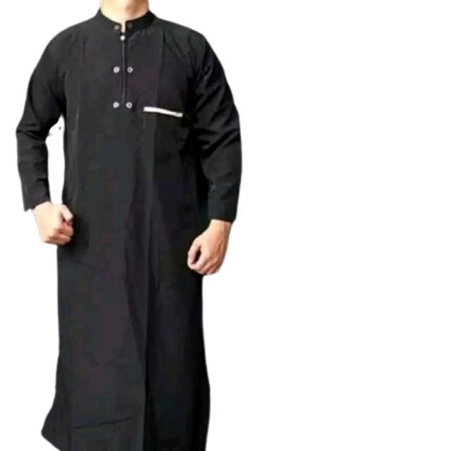 jubah pria dewasa/gamis dewasa laki-laki Katun Hitam Putih Panjang Pria Muslim - hitam, M