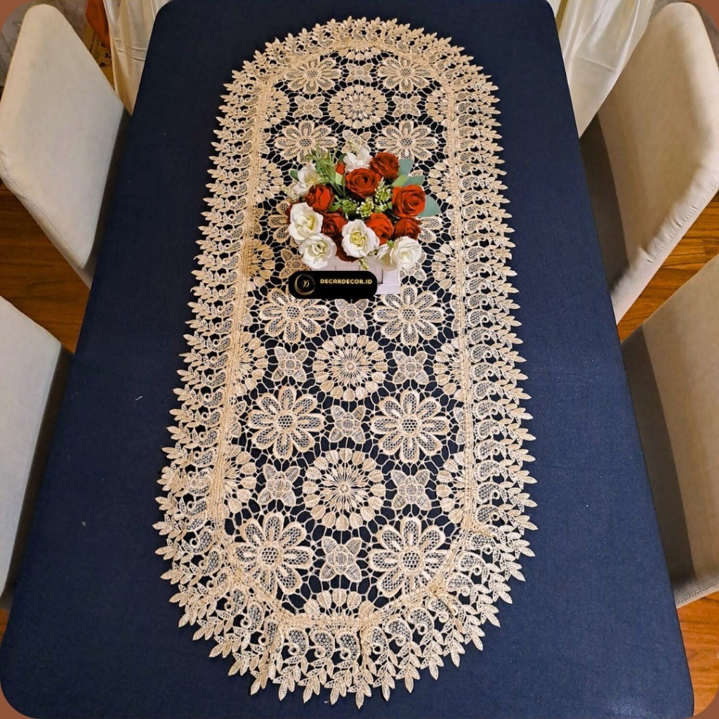 (Bintang_ake) Taplak Meja Tamu Oval Renda Bordir Mewah Taplak Meja Oval Bordir Premium 43×90 Cm