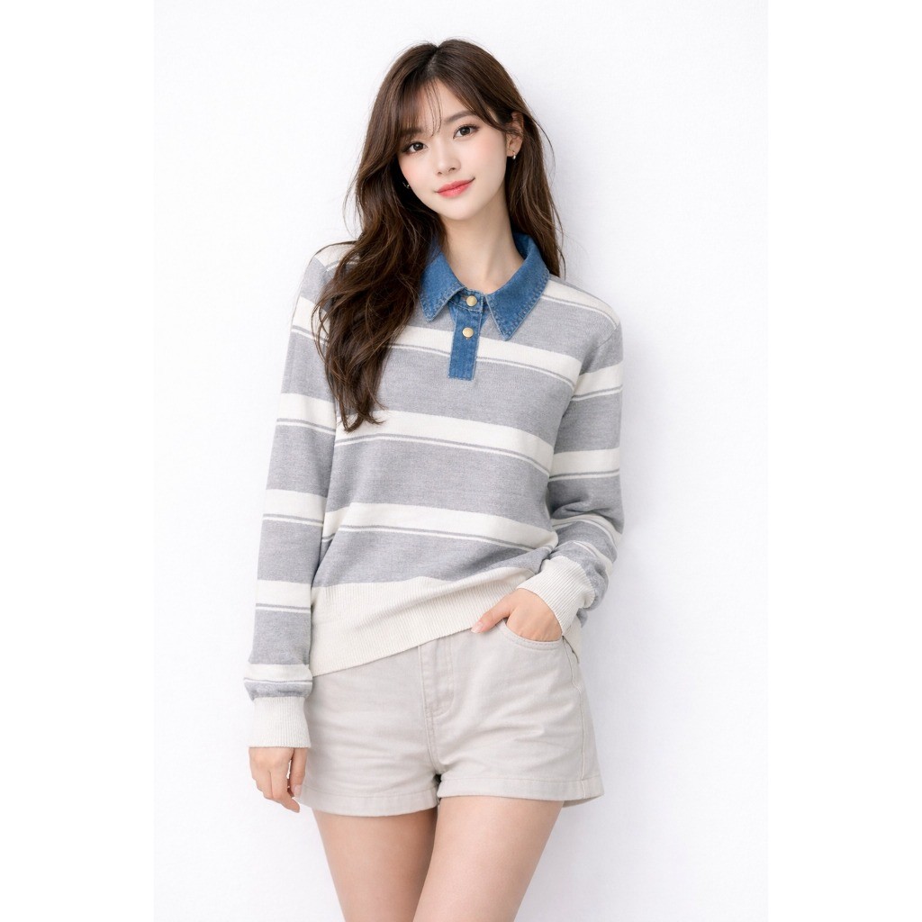 PusatBlazer - Rajut Wanita Hitam Navy Grey Merah Stripe Polo Kerah jeans