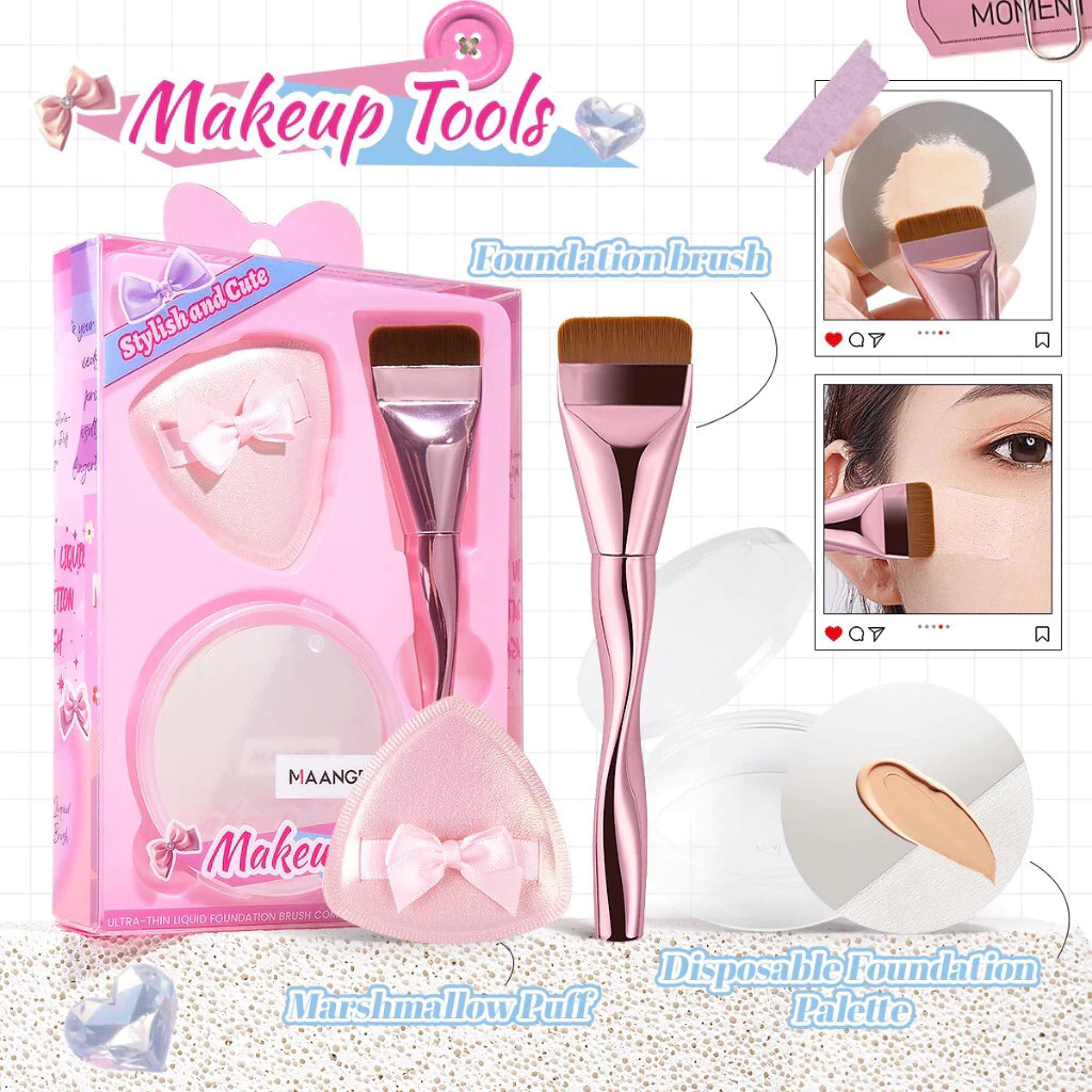 MAANGE Set Kuas Makeup + Spons Beauty Blender – Makeup Tools Fashion Pink Packaging Cute