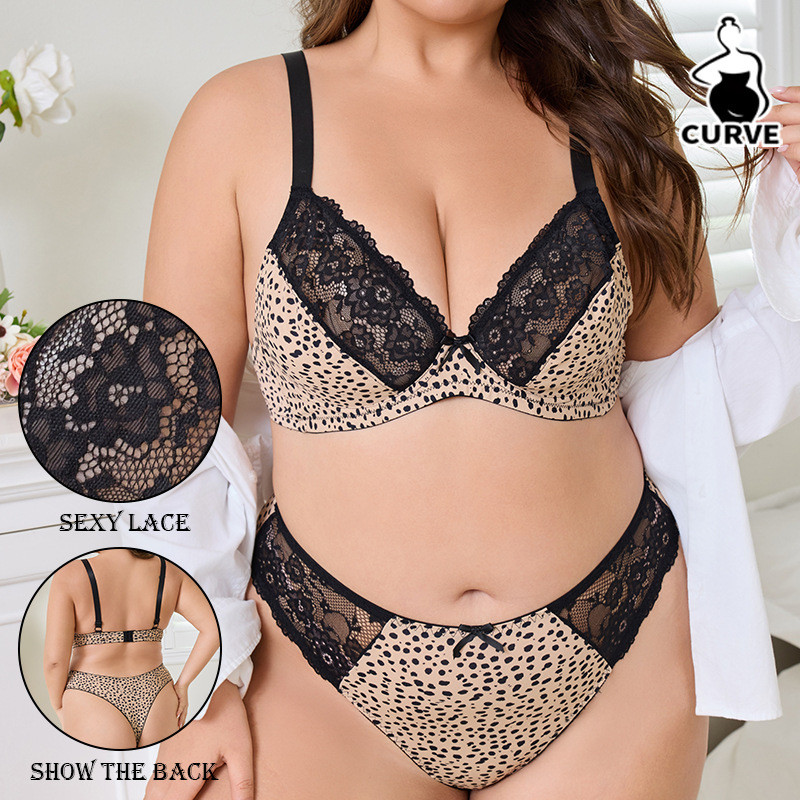 Awan Lembut Set bra push-up wanita ukuran plus motif leopard dengan renda dan bahan bernapas.
