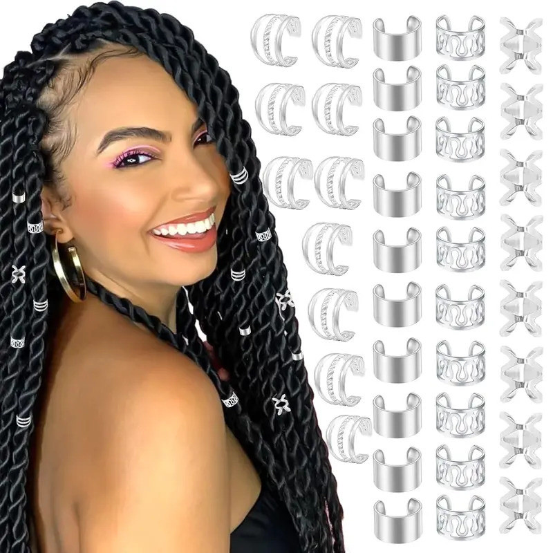 40PCS Perhiasan Rambut untuk Kepang, Cincin Rambut Perak Berbagai Bentuk, Manik-Manik Dreadlock, Aks