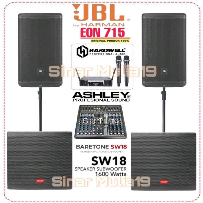 Paket Sound System Speaker Aktif JBL EON715 Subwoofer Aktif 18 Inch BareTone SW18 Original Mixer Ash