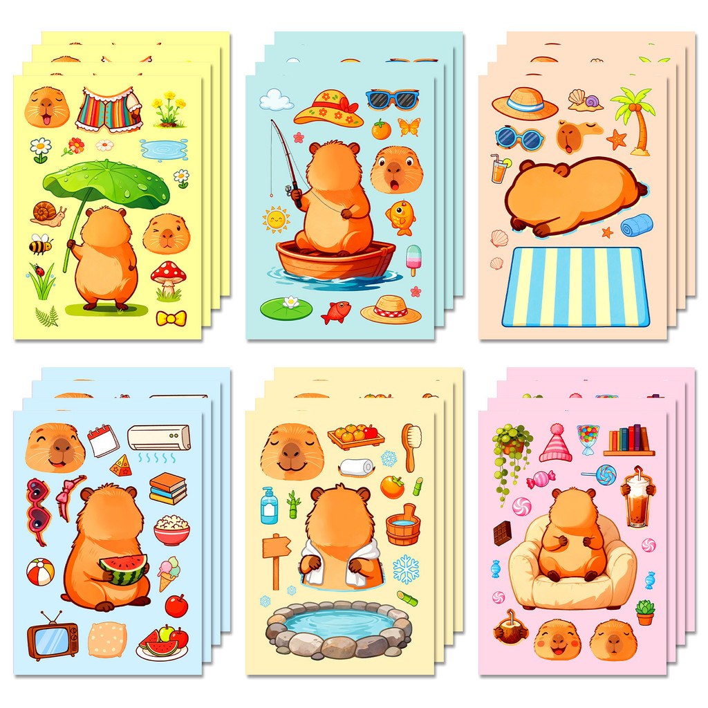 6/12/18Pcs Cartoon Capybara Make A Face Puzzle Stickers, Kids Y Fun Stationery Notebook Cabinet Frid