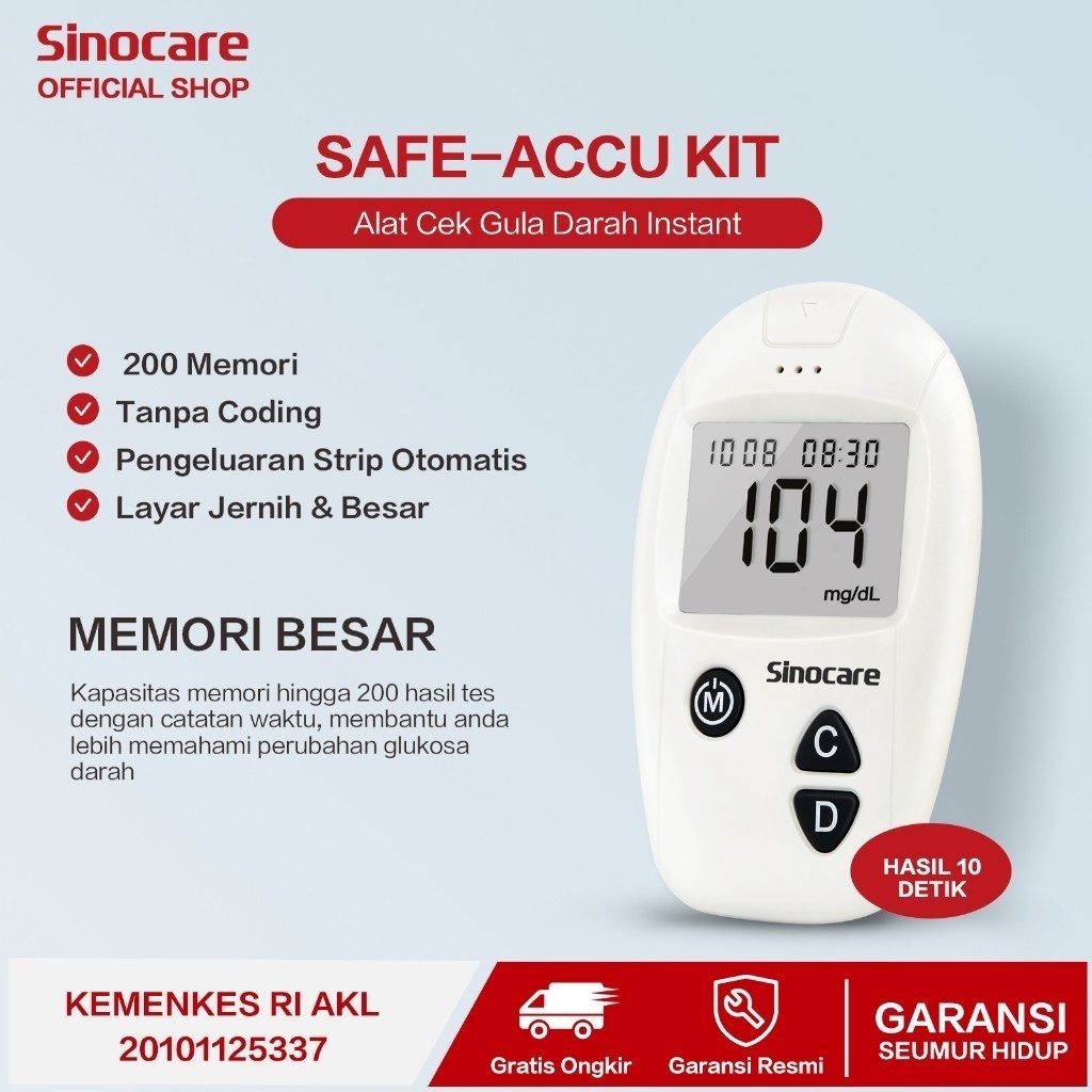 (HANYA ALAT) Alat Cek Gula darah Instant Alat Tes Gula Sinocare Safe-Accu 200 Memori