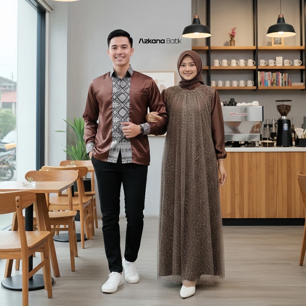 Baju Couple KOKO Muslim Gamis Mahogany Baju Lebaran 2026 Couple Sarimbit Pasangan Baju Raya Idul Fit