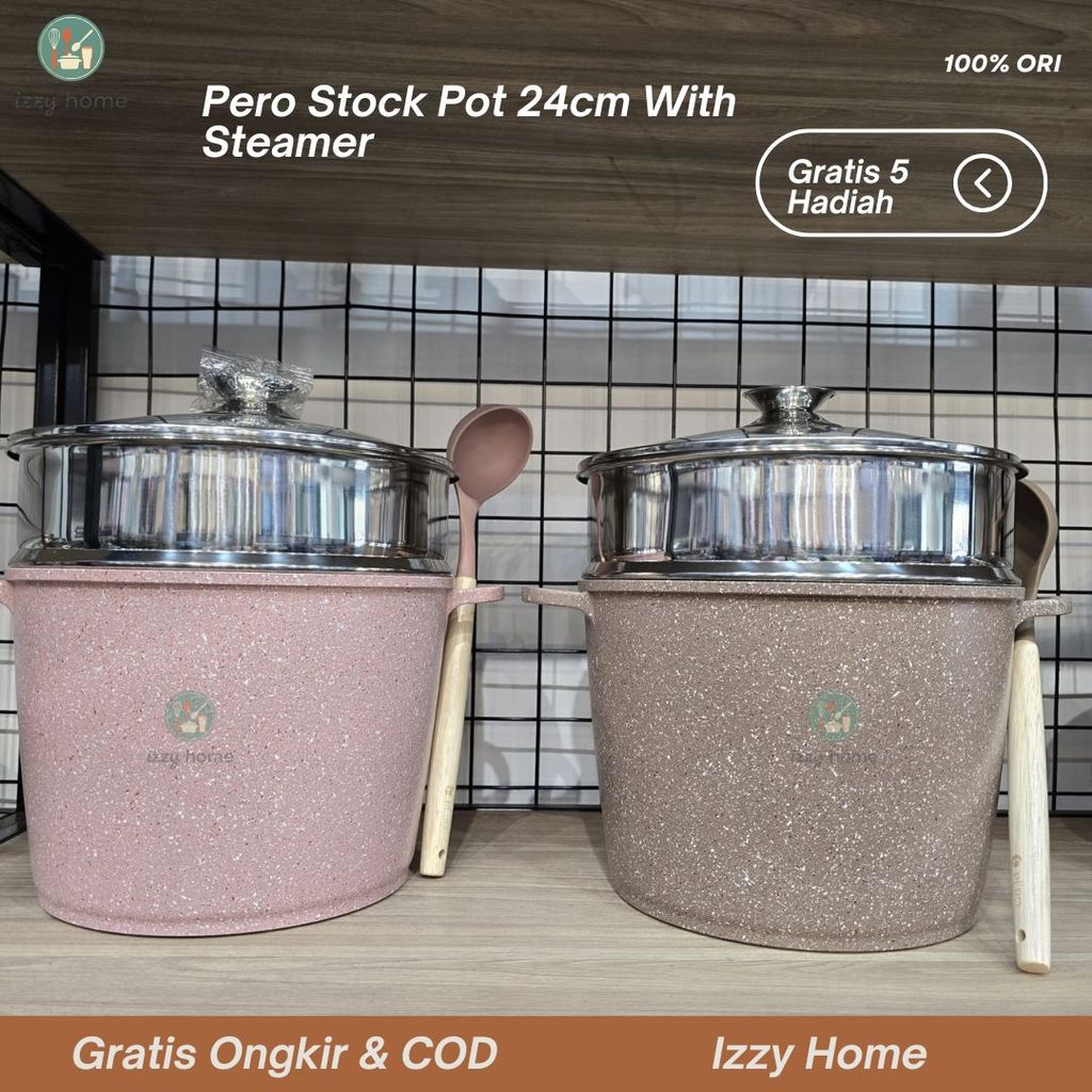 [Gratis 5 Hadiah] Pero Stock Pot Panci Gentong 24cm with Steamer Stainless - Panci Granite Anti Leng