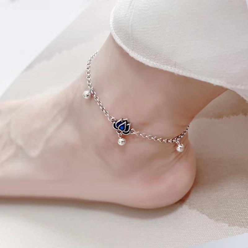 Vintage 925 perak gelang kaki cloisonne enamel teratai wanita rantai kaki