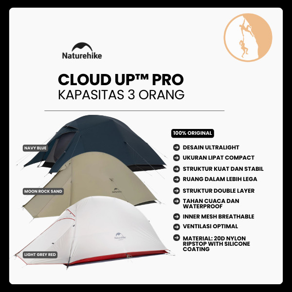 Tenda Camping/Ultralight Backpacking Tent - Naturehike Cloud Up™ PRO/ Kapasitas 3 Orang / 20D Nylon