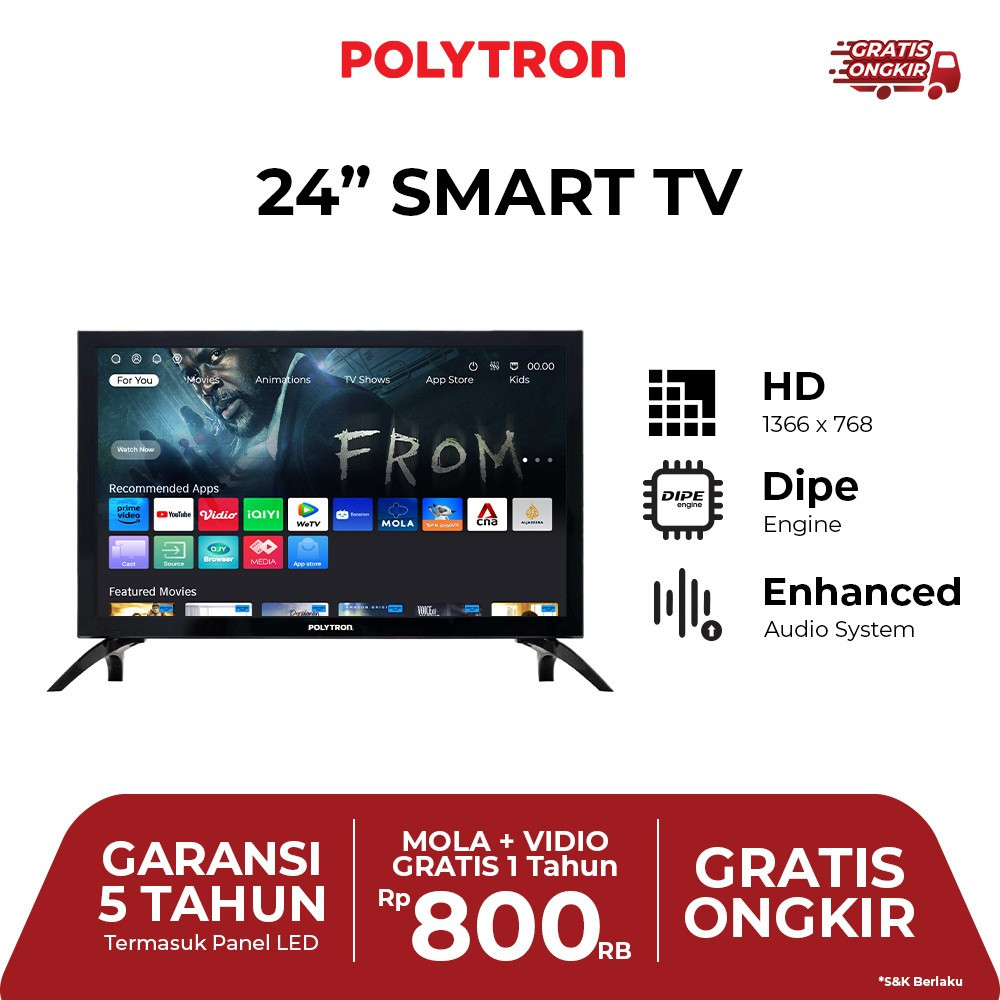 Polytron PLD-24CV1869 24 Inch Smart TV HD WiFi Digital Tanpa STB YouTube Garansi Resmi